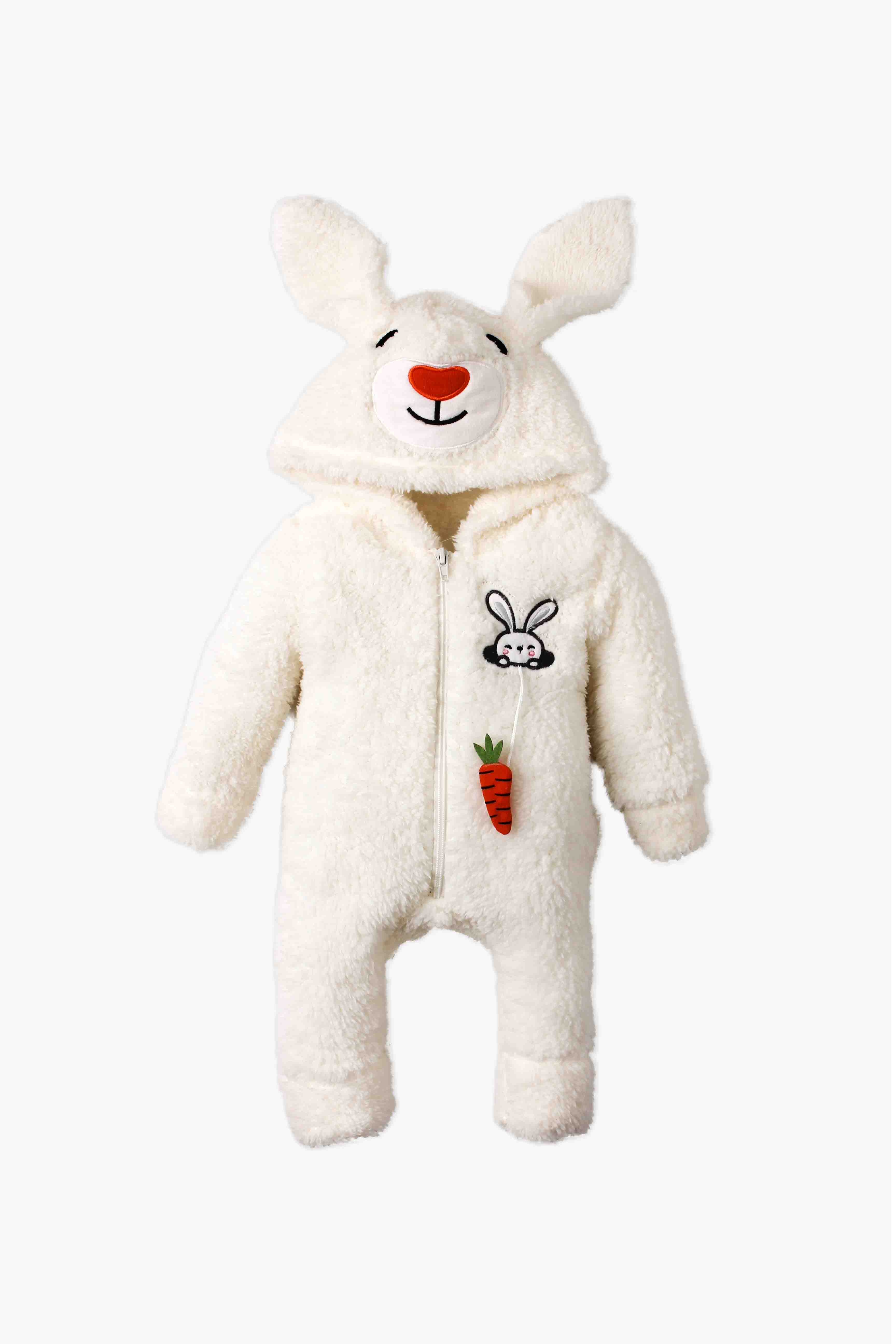 Unisex Tavşan Kulaklı Havuç Aplikeli Peluş Bebek Tulum 0-12 Ay